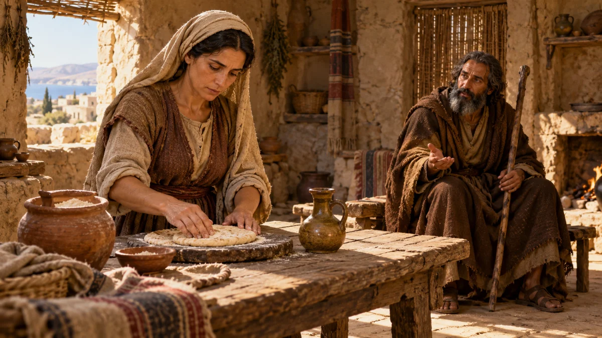 Reconstrução artística da viúva de Sarepta preparando pão, com um recipiente de farinha e uma pequena jarra de azeite, enquanto Elias está sentado.